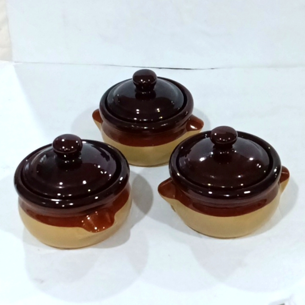 Vintage French Onion Soup Bowls Lidded Brown Stoneware Lot of 3 Cottagecore